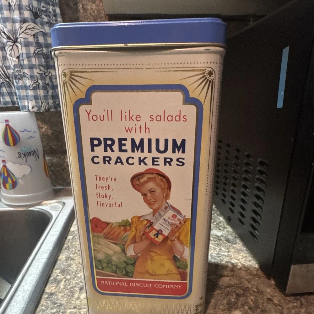 Nabisco Premium Saltine Crackers Collectible Tin Canister Blue/White 1876 Repro